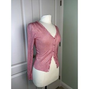 ANN TAYLOR LOFT RED WHITE BUTTON-FRONT CARDIGAN SWEATER,  SIZE Small